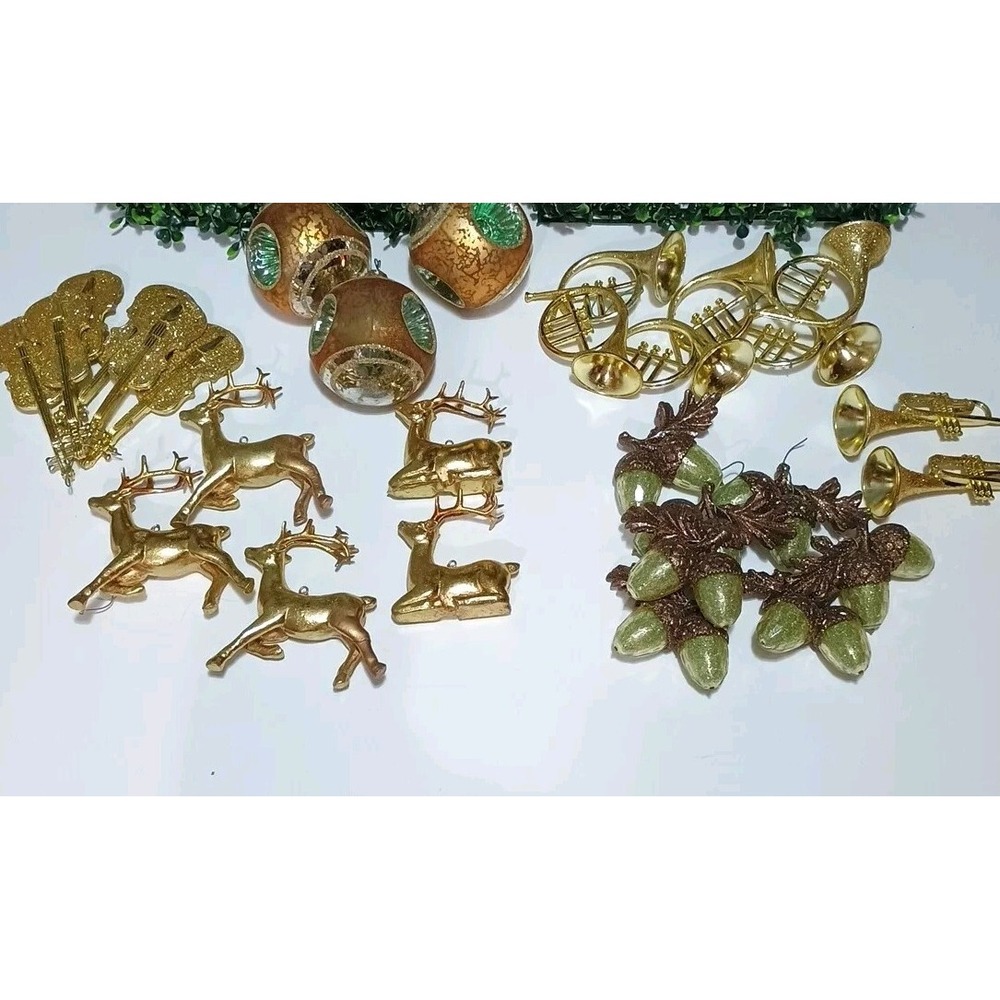 Christmas Ornaments Gold Plastic Lot Of 29 Reindeer Acorns Instruments Decor